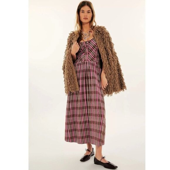 Free People Size Medium Tulie Plaid Midi Dress Boho Pink and brown plaid - Picture 2 of 16